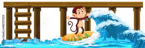 Monkey on surfboard with water waves