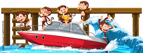 Wooden pier with many monkeys on speedboats