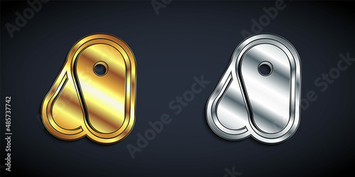 Gold and silver Steak meat icon isolated on black background. Long shadow style. Vector