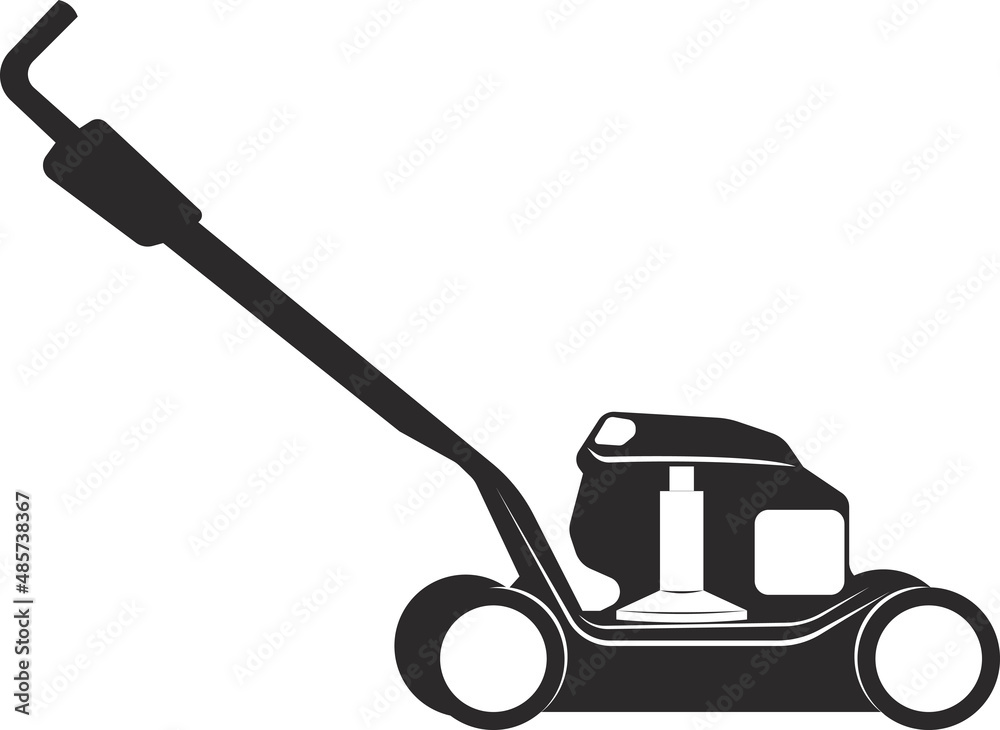 Lawn mower for grass harvesting. Agricultural tools. Black flat. Lawn mower for grass harvesting. Agricultural tools. Black flat.