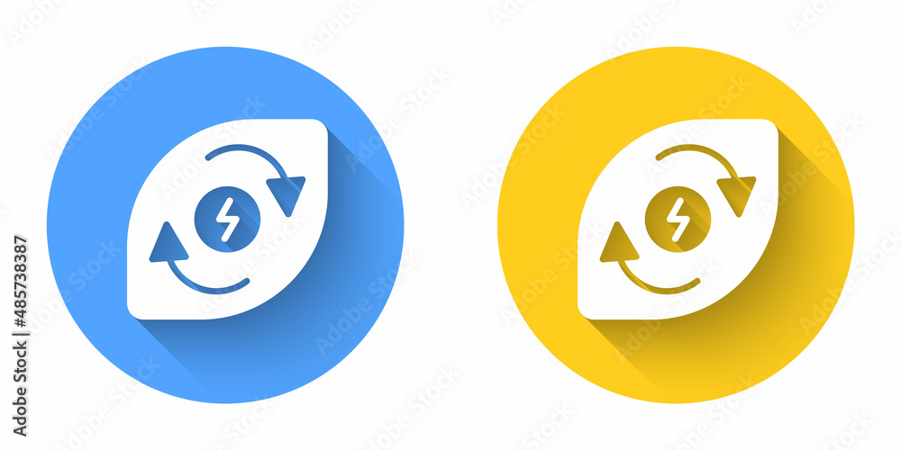 White Water energy icon isolated with long shadow background. Ecology concept with water droplet. Alternative energy concept. Circle button. Vector White Water energy icon isolated with long shadow background. Ecology concept with water droplet. Alternative energy concept. Circle button. Vector