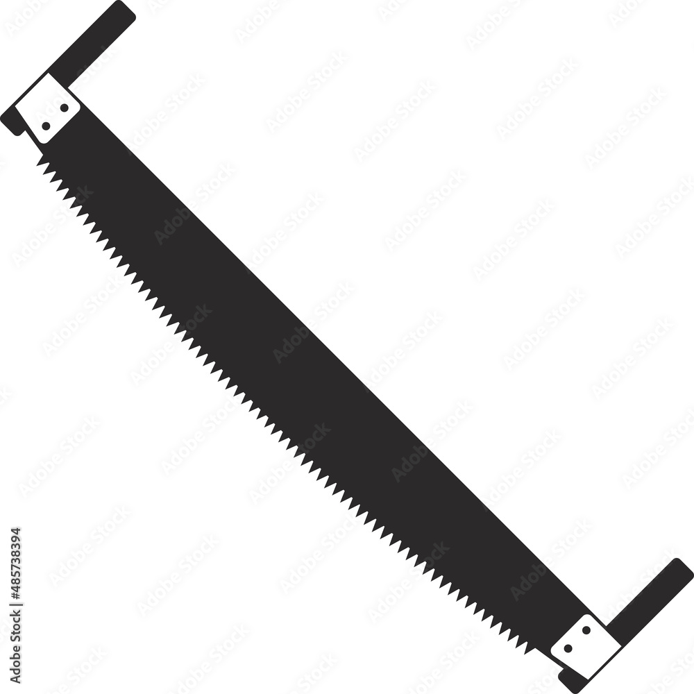 Hand saw for sawing wood. Black flat symbol.