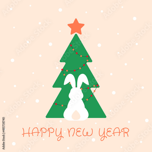 Happy new year greeting card, poster, with cute, sweet bunny silhouette on christmas tree background