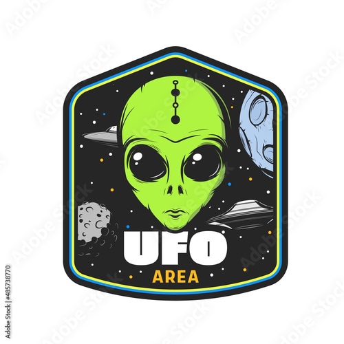 UFO area icon with green alien face. Galaxy monsters, extraterrestrial life and space aliens vector badge or retro emblem. Vintage sticker with flying saucers spaceships in outer space