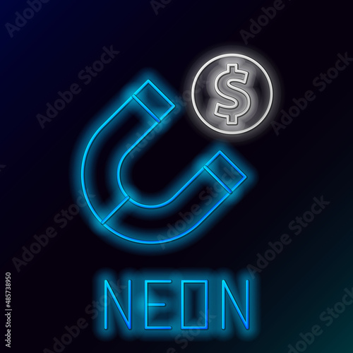 Glowing neon line Magnet with money icon isolated on black background. Concept of attracting investments. Big business profit attraction and success. Colorful outline concept. Vector