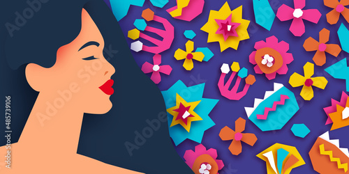 Female portrait with paper cut flowers. Happy Women's day. Happy Mother's Day. Abstract Hand drawn paper cut floral shapes. Trendy contemporary art. 8 March. Spring. Paper art work. Very peri color