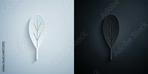 Paper cut Leaf icon isolated on grey and black background. Leaves sign. Fresh natural product symbol. Paper art style. Vector