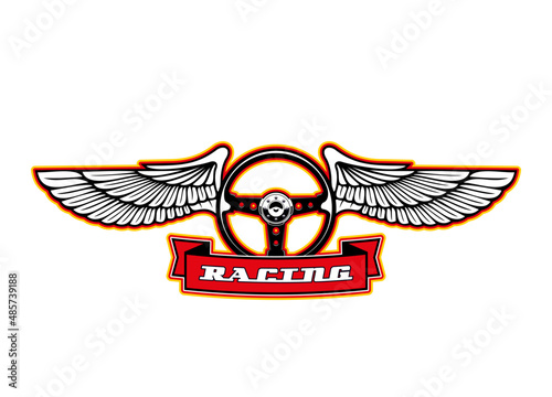 Racing sport icon, car races and motors rally symbol of wheel on wings. Automobile speed drift or drag racing championship, car racing sport club icon ribbon