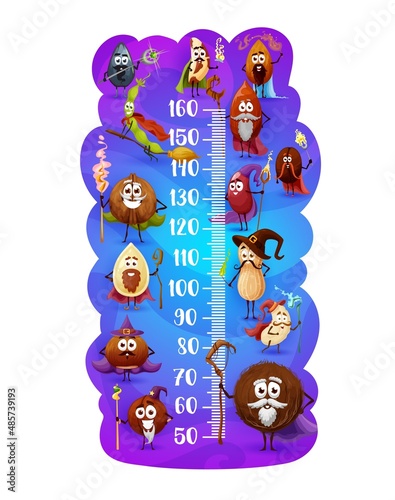 Kids height chart. Magician and wizard nuts growth meter ruler. Vector wall sticker with cartoon coconut, pumkin, sunflower seed, peanut and almond, cashew, beans in cap and cloak sorcerer characters