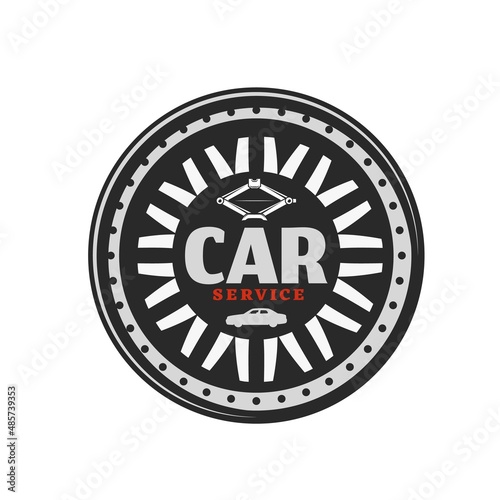 Wheel rim vector icon of car service, auto repair shop and mechanic garage. Isolated vehicle wheel rim made of chrome and aluminum alloy with auto, car and tire jack round icon