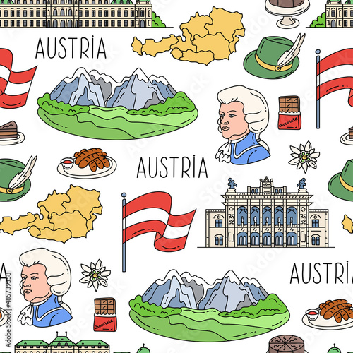 Vector seamless pattern with colorful hand drawn national symbols of Austria on white color. Background for use in design