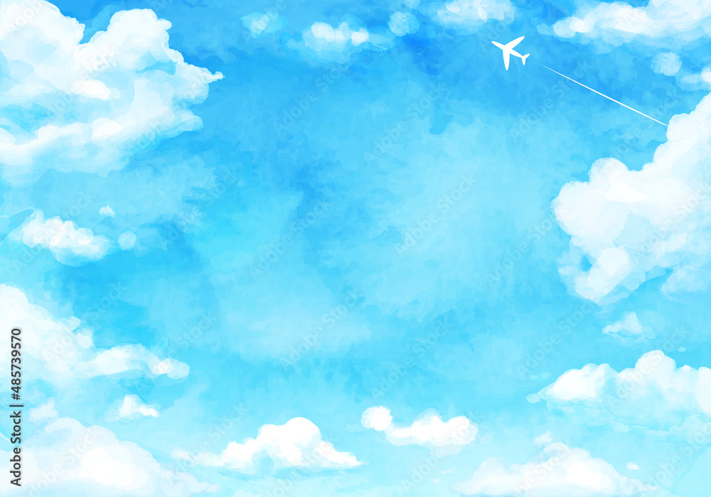 青空と飛行機雲と入道雲の水彩のベクターイラスト背景 コピースペース Stock Vector Adobe Stock