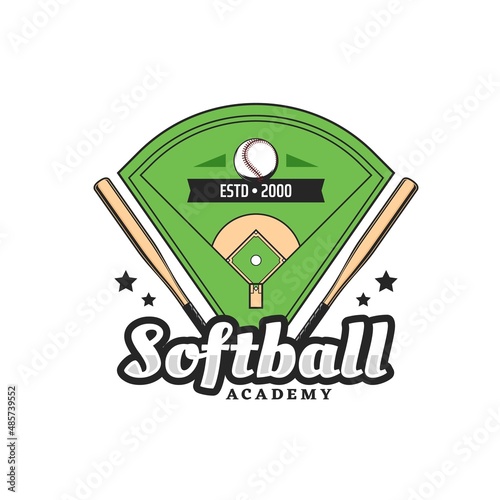 Softball academy icon with two wooden bats, ball and softball diamond play field. Sport game club, softball school or team championship vector emblem, retro badge or icon