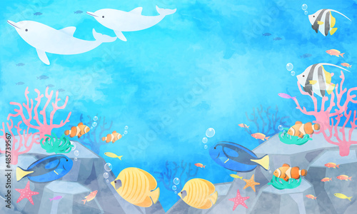 海中の熱帯魚とイルカのベクターイラスト背景(コピースペース )