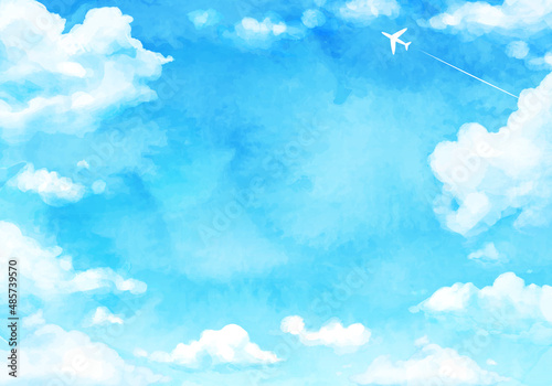 青空と飛行機雲と入道雲の水彩のベクターイラスト背景(コピースペース )