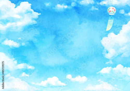 青空と入道雲と風鈴の水彩のベクターイラスト背景(コピースペース )