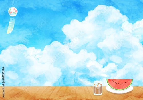 青空と入道雲と縁側の水彩のベクターイラスト背景