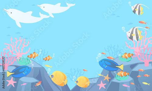海中の熱帯魚とイルカのベクターイラスト背景(コピースペース )