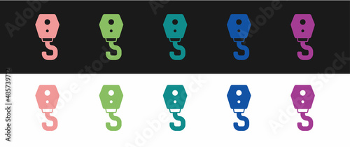 Set Crane hook icon isolated on black and white background. Industrial hook icon. Vector