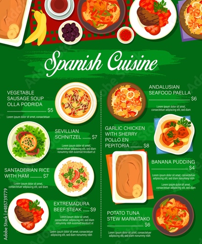 Spanish cuisine vector menu andalusian seafood paella, extremadura beef steak. Banana pudding, vegetable sausage soup olla podrida. Garlic chicken with sherry pollo en pepitoria, sevillian schnitzel photo
