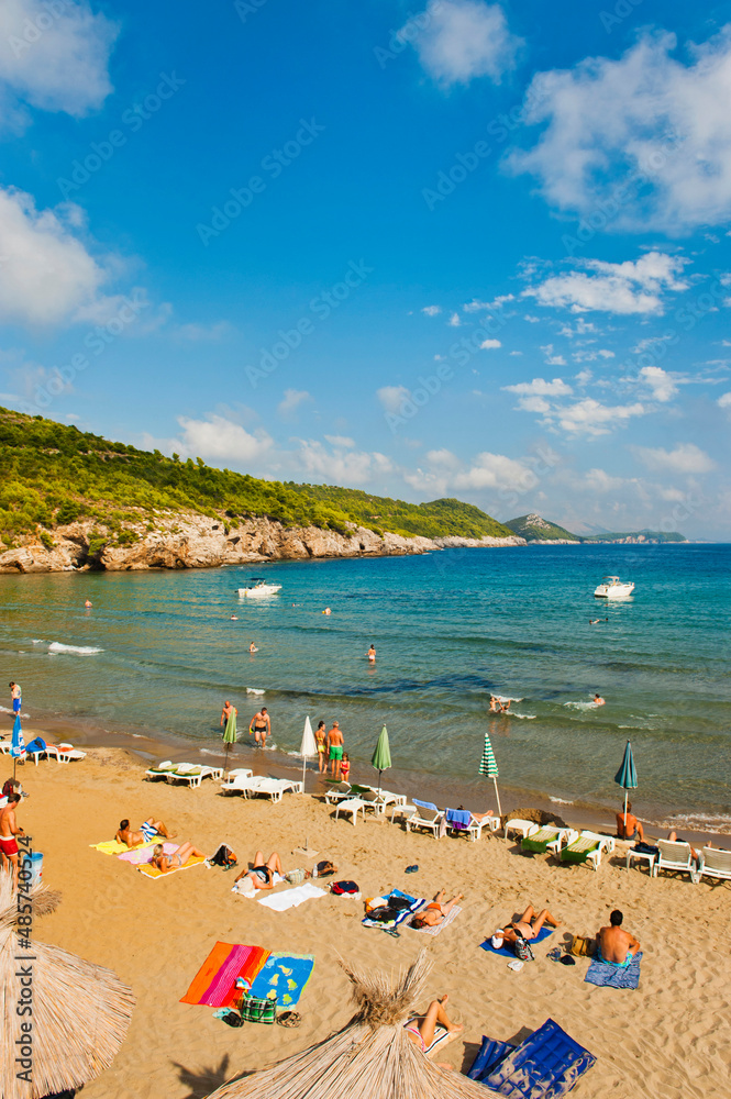 Tourists on Sunj Beach, a sandy beach on Lopud Island, Elaphiti Islands, Dalmatian Coast, Croatia