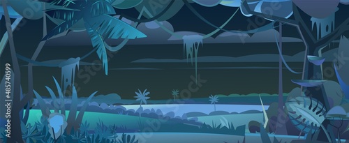 Jungle background night Dark landscape. Dense thickets. View from the forest. Southern Rural Scenery. Tropical forest panorama. Illustration in cartoon style flat design. Vector