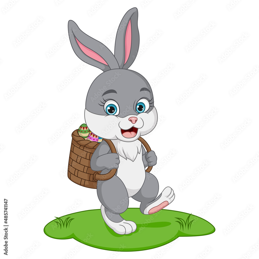 Obraz premium Cute little bunny carrying basket of easter eggs