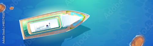 Top view of cruise ship in sea. Aerial view to luxury passenger liner for summer vacation and travel. Vector cartoon illustration of ocean and big cruise ship with swimming pool on deck