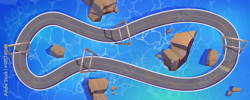 Speed race car track map for game background. Vector cartoon illustration of circuit road for auto rally competition top view. Loop racetrack on overpass above water