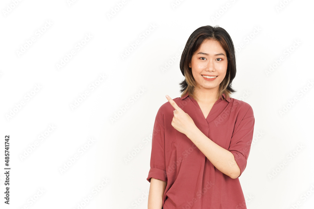 Showing Product and Pointing Side Of Beautiful Asian Woman Isolated On White Background Showing Product and Pointing Side Of Beautiful Asian Woman Isolated On White Background
