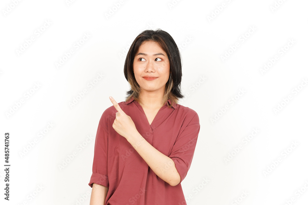Showing Product and Pointing Side Of Beautiful Asian Woman Isolated On White Background Showing Product and Pointing Side Of Beautiful Asian Woman Isolated On White Background