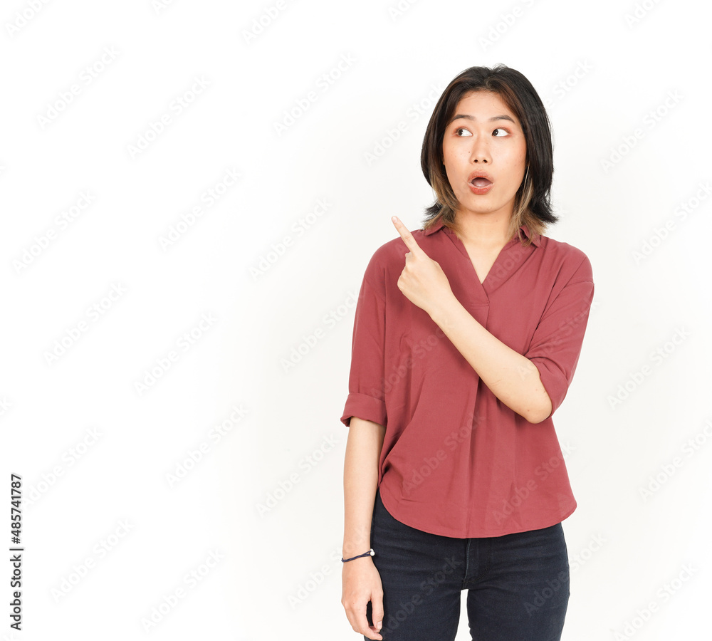 Showing Product and Pointing Side Of Beautiful Asian Woman Isolated On White Background Showing Product and Pointing Side Of Beautiful Asian Woman Isolated On White Background