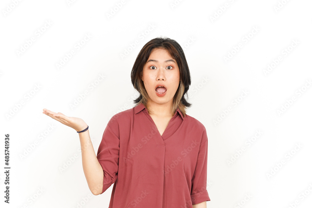 Showing and Presenting Product on Open Palm Of Beautiful Asian Woman Isolated On White Background Showing and Presenting Product on Open Palm Of Beautiful Asian Woman Isolated On White Background