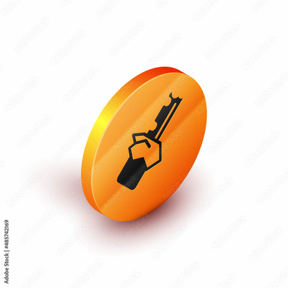 Isometric Bitten chocolate bar icon isolated on white background. Orange circle button. Vector Isometric Bitten chocolate bar icon isolated on white background. Orange circle button. Vector