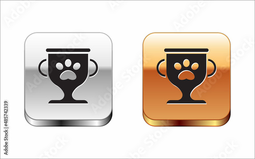 Black Pet award symbol icon isolated on white background. Medal with dog footprint as pets exhibition winner concept. Silver-gold square button. Vector