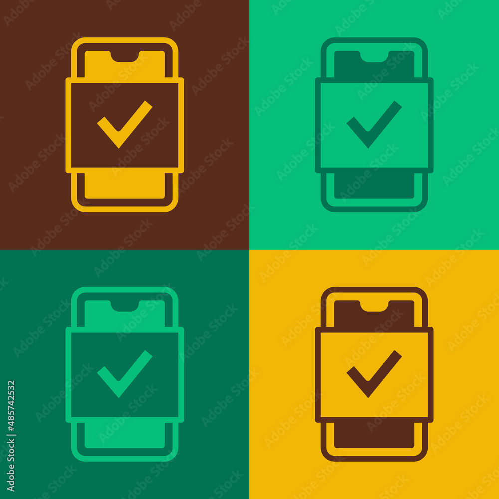 Pop art Mobile phone shopping icon isolated on color background. Online buying symbol. Supermarket basket symbol. Vector Pop art Mobile phone shopping icon isolated on color background. Online buying symbol. Supermarket basket symbol. Vector