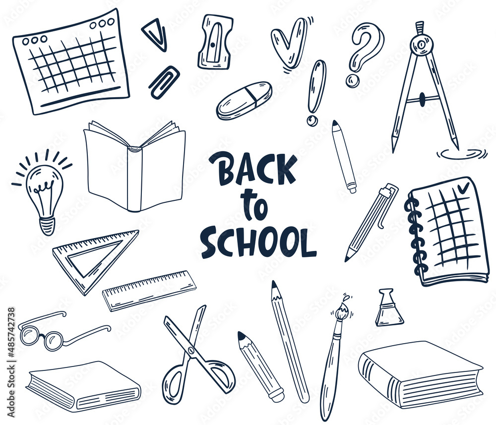 School supplies. Back to school. Big set of doodle hand draw school items. Books, pencils, pens, notebooks, erasers, paper, clips, compasses. Study. Vector illustration School supplies. Back to school. Big set of doodle hand draw school items. Books, pencils, pens, notebooks, erasers, paper, clips, compasses. Study. Vector illustration