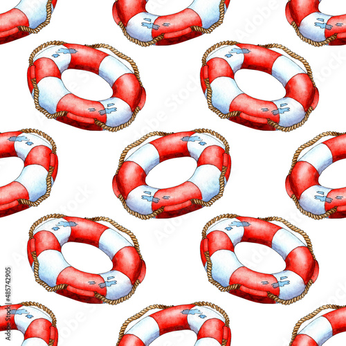 Watercolor illustration pattern of a red and white life buoy with ropes on it. Funds to help the drowning. Rescue device for holding a person on the surface of the water. Isolated