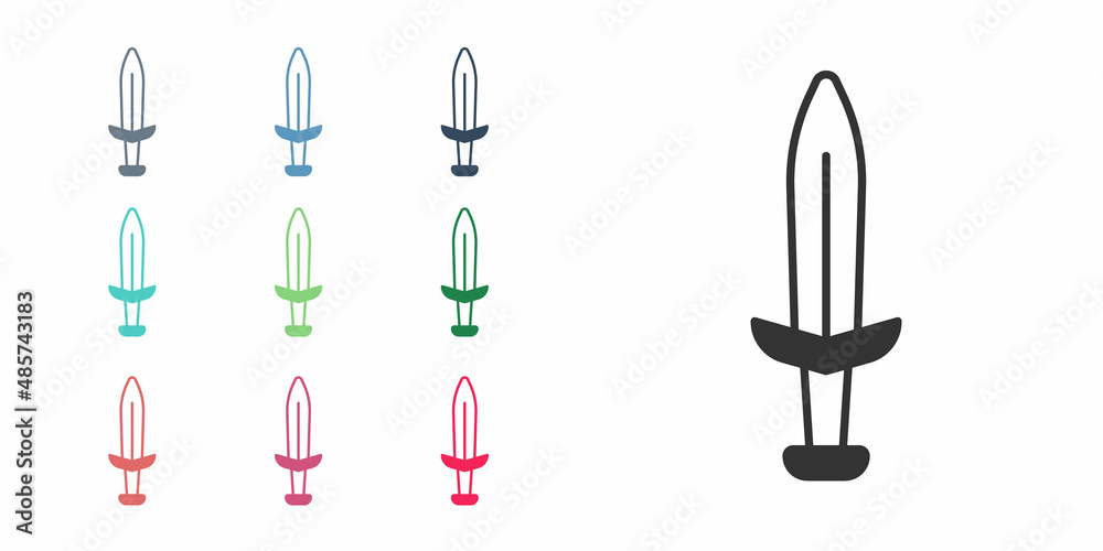Black Medieval sword icon isolated on white background. Medieval weapon. Set icons colorful. Vector Black Medieval sword icon isolated on white background. Medieval weapon. Set icons colorful. Vector
