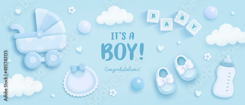Baby shower horizontal banner with cartoon baby carriage, bib, bottle, helium balloons and clouds on blue background. It's a boy. Vector illustration