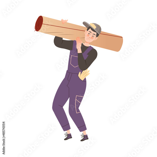 Delivery service worker in overalls carrying rolled up carpet. Apartment moving, loading service cartoon vector illustration