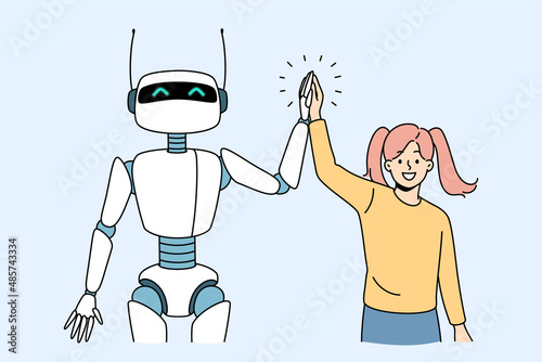 Friendship with artificial intelligence concept. Smiling girl standing and shaking hands with white robot bot being friends vector illustration 