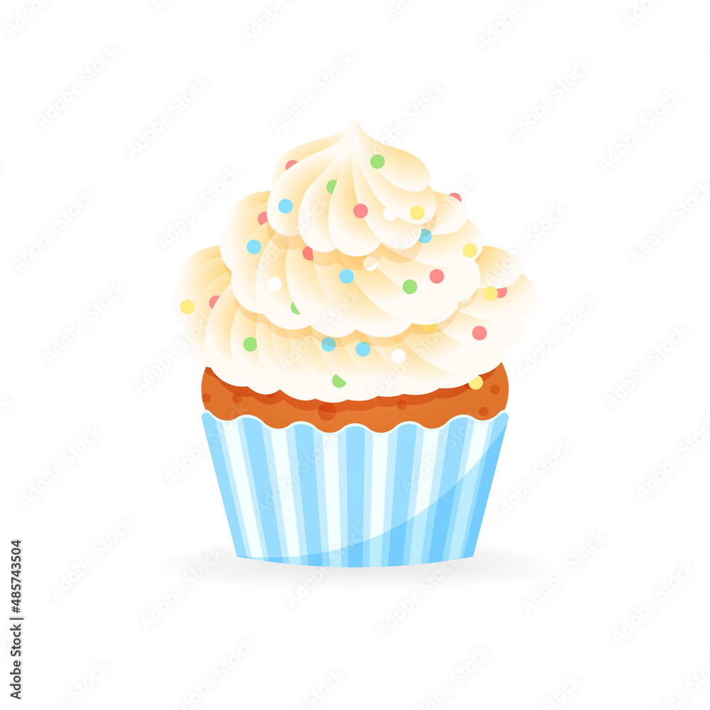Cartoon cupcake icon. Illustration of sweet muffin decorated with cream and colorful sprinkles. Vector 10 EPS.