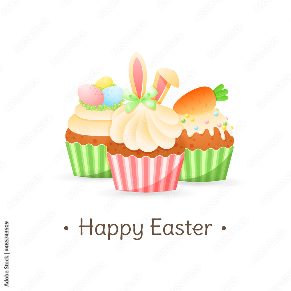 Cute Happy Easter greeting card. Bright cartoon illustration of cupcakes decorated with bunny ears, colorful chocolate eggs and marzipan carrot. Vector 10 EPS.