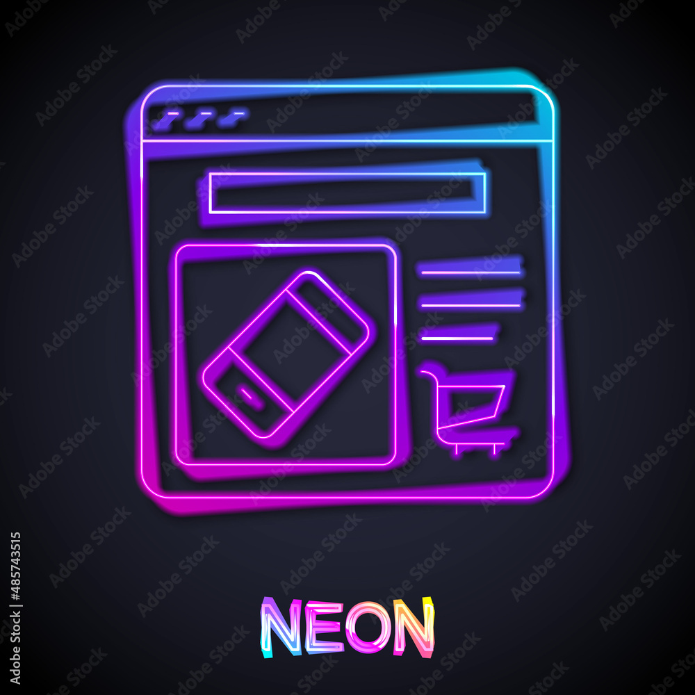 Glowing neon line Online shopping on screen icon isolated on black background. Concept e-commerce, e-business, online business marketing. Vector Glowing neon line Online shopping on screen icon isolated on black background. Concept e-commerce, e-business, online business marketing. Vector