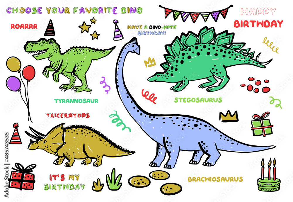 Fototapeta premium Cute dinosaur birhday doodle dino babyparty bundle. Funny Dino collection. Textile nursery design for baby boy on white background. Cartoon monster vector illustration.