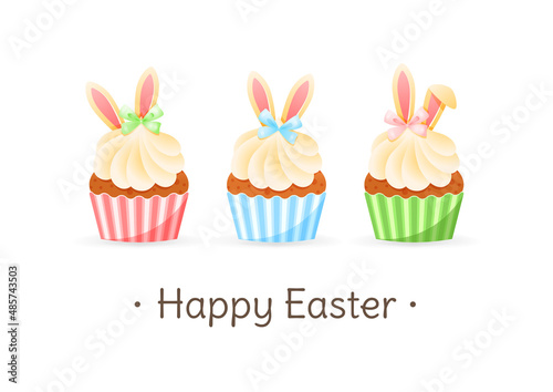 Cute Happy Easter greeting card. Gentle cartoon illustration of three cupcakes decorated with cream  bunny ears and ribbons. Vector 10 EPS.