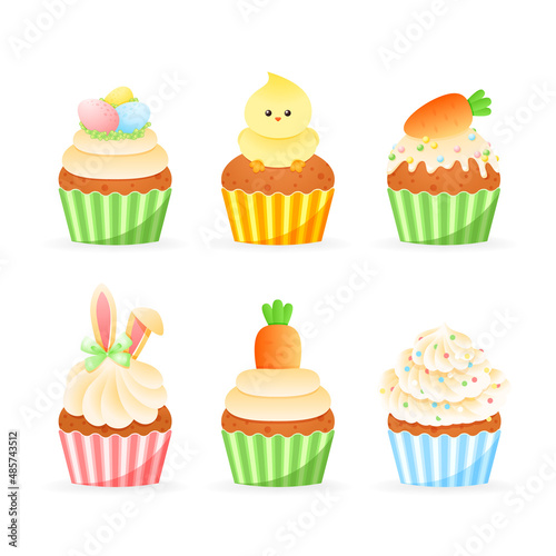 Set of cute Easter cupcake icons. Cartoon illustrations of sweet muffins decorated with glaze, birds, bunny ears, eggs, marzipan carrots and colorful sprinkles. Vector 10 EPS.
