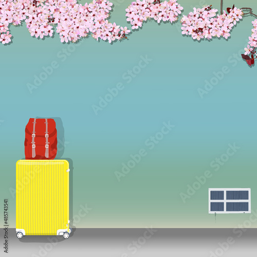 Suitcase and backpack under the cherry blossoms. Roadside, carefree solo trip, fun spring trip, vector illustration, social media post, greeting card, poster, sign, flyer, graphic, botanical