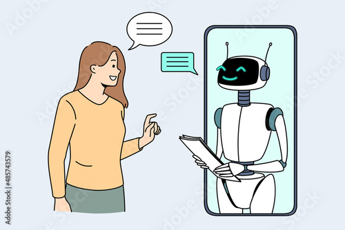Artificial intelligence and technologies concept. Smiling girl standing and looking at smartphone screen with white robot bot communicating with her vector illustration 